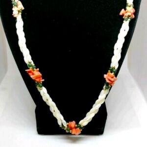 Vintage Mother of Pearl, Jade and Coral necklace. About 20"